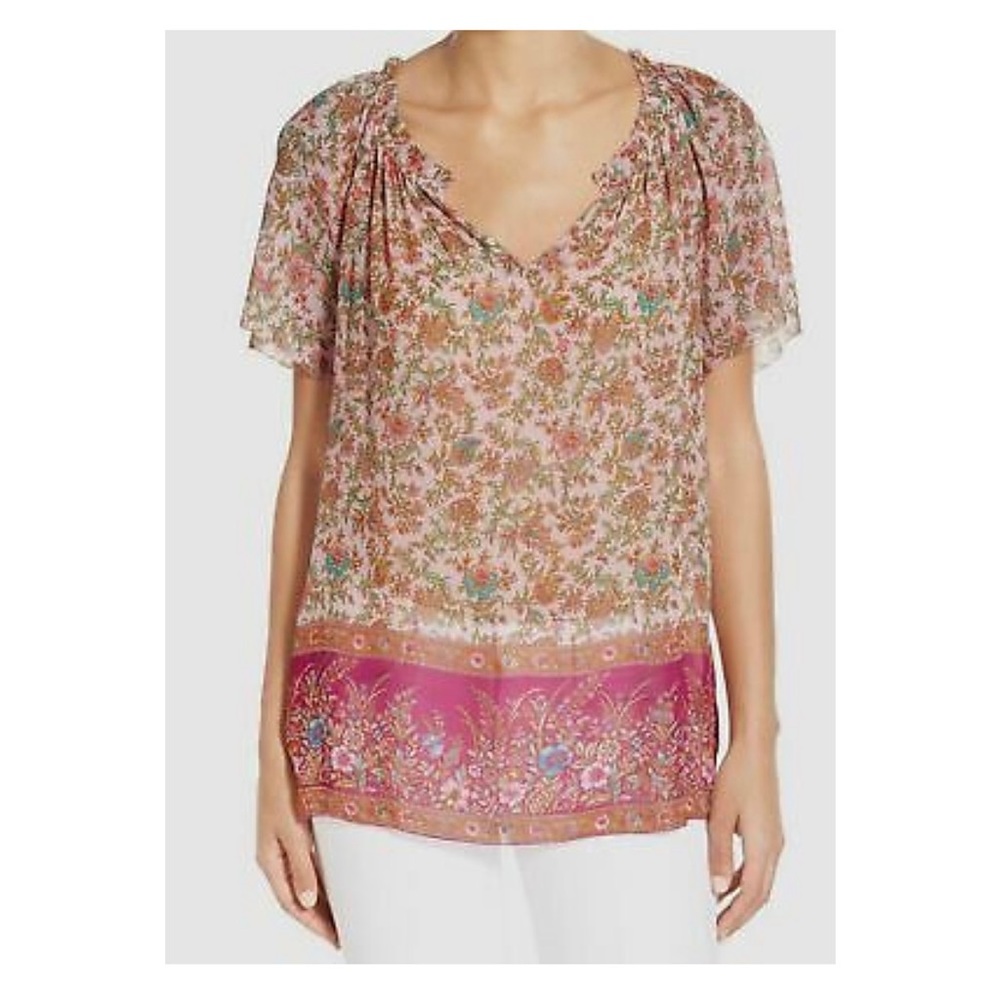 Lucky Brand NWT Sz XS Floral Border Blouse Sheer Multicolor Short Sleeve Top